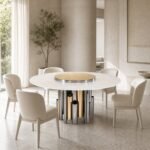 Masă de dining rotundă Carillon cu blat mineral perlat și soclu tubular bicolor, ambient de dining generat
