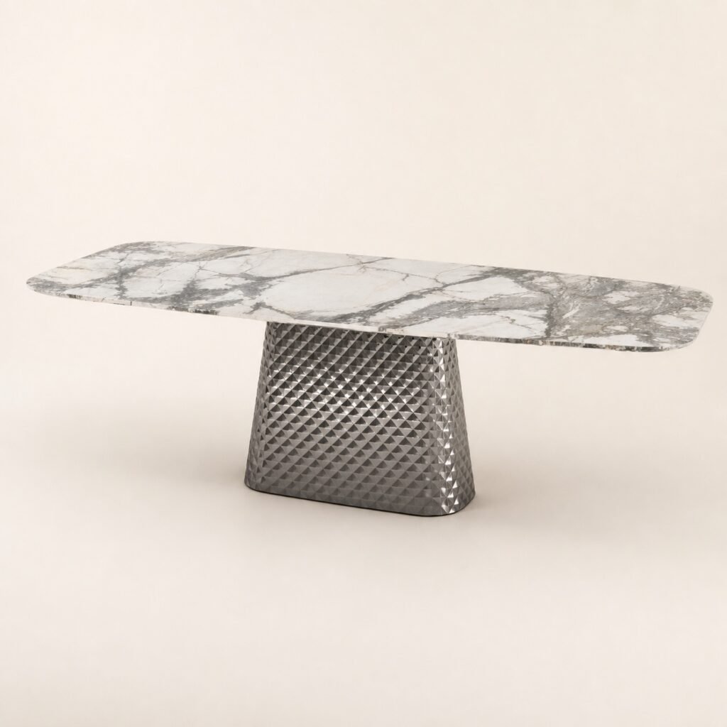 Masă de dining Facetta cu blat mineral alb și soclu geometric oglindit, imagine principală generată