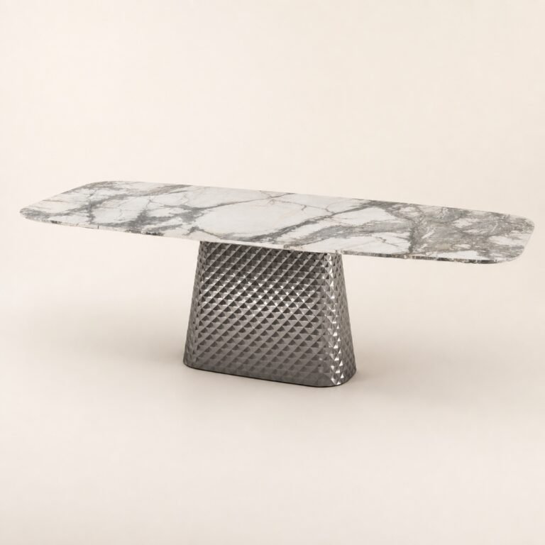 Masă de dining Facetta cu blat mineral alb și soclu geometric oglindit, imagine principală generată