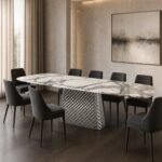 Masă de dining Facetta cu blat mineral alb și soclu geometric oglindit, ambient de dining generat