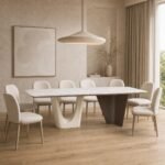 Masă de dining Contrapunct cu blat mineral alb și socluri asimetrice, ambient de dining generat