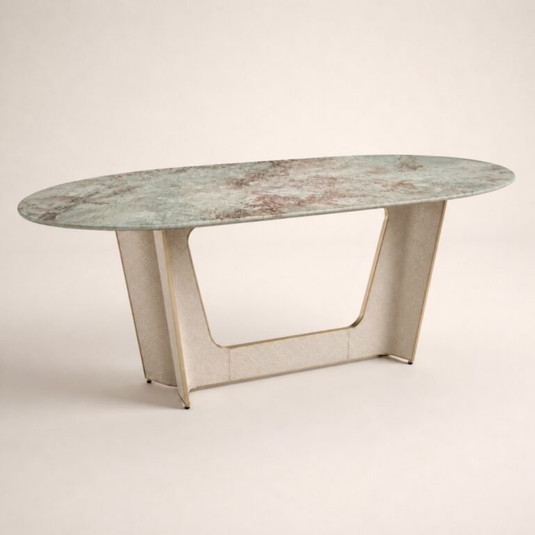 Masă de dining Portale cu blat mineral verde și soclu geometric texturat – perspectivă alternativă generată