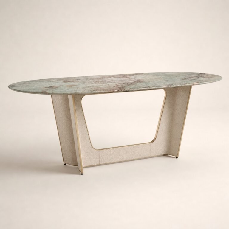 Masă de dining Portale cu blat mineral verde și soclu geometric texturat – imagine principală generată