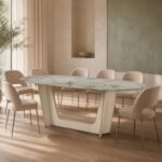 Masă de dining Portale cu blat mineral verde și soclu geometric texturat – ambient de dining generat
