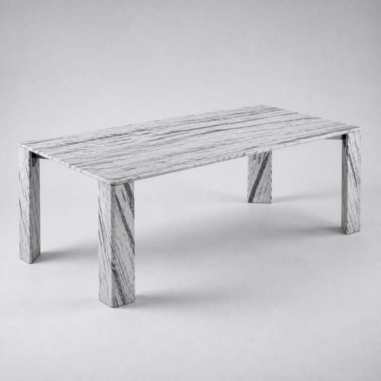 Masă de dining Lithos cu structură monolitică din marmură albă – perspectivă alternativă generată
