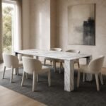 Masă de dining Lithos cu structură monolitică din marmură albă – ambient de dining generat