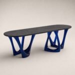 Masă de dining Cobalto cu blat mineral antracit și socluri arcuite albastre – perspectivă alternativă generată