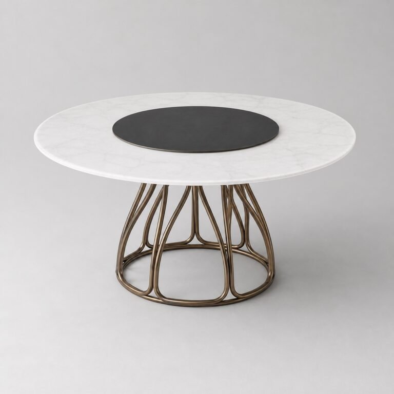 Masă de dining rotundă Filigrana cu blat mineral alb și soclu tubular din bronz – perspectivă alternativă generată
