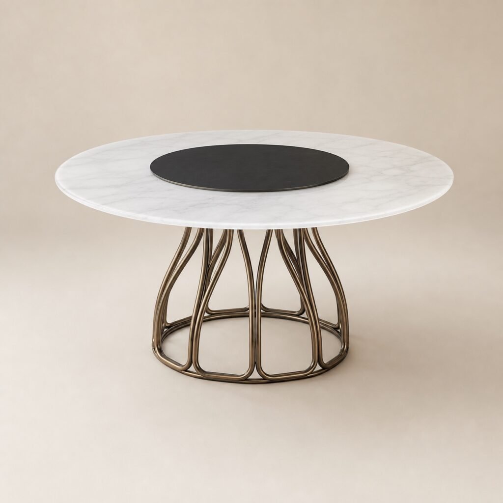 Masă de dining rotundă Filigrana cu blat mineral alb și soclu tubular din bronz – imagine principală generată