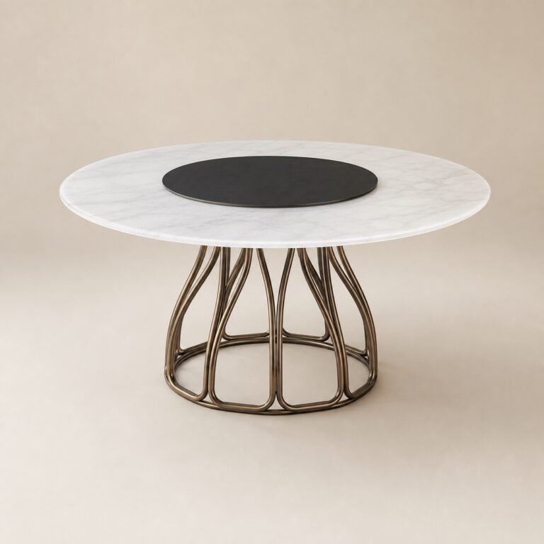Masă de dining rotundă Filigrana cu blat mineral alb și soclu tubular din bronz – imagine principală generată
