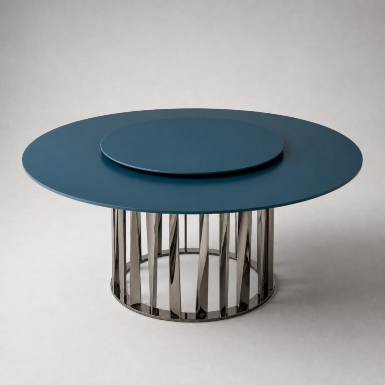 Masă de dining rotundă Borealis cu blat petrol și soclu lamelar cromat – perspectivă alternativă generată