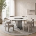 Masă de dining rotundă Cristallo cu blat mineral alb și soclu din panouri fumurii – ambient de dining generat