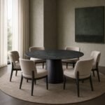 Masă de dining rotundă Selva cu blat mineral verde-negru și soclu conic din lemn – ambient de dining generat