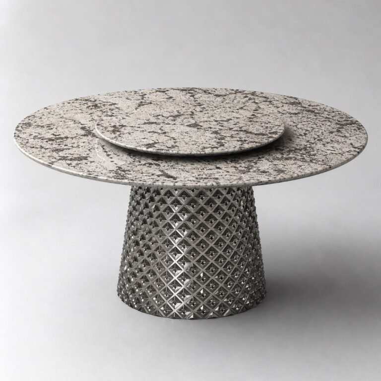 Masă de dining rotundă Diamante cu blat mineral alb-negru și soclu fațetat oglindit – perspectivă alternativă generată
