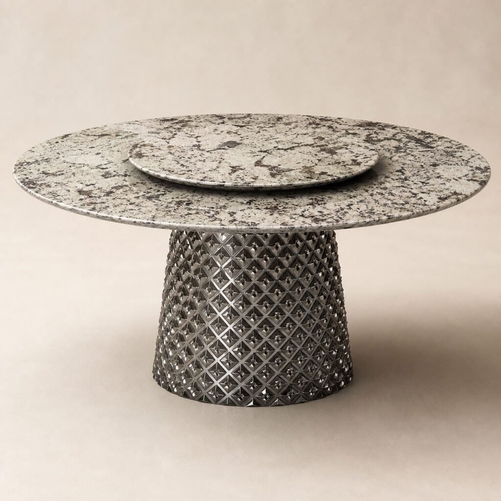 Masă de dining rotundă Diamante cu blat mineral alb-negru și soclu fațetat oglindit – imagine principală generată