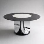 Masă de dining rotundă Eclipse cu blat bicolor și soclu petaliform oglindit – perspectivă alternativă generată