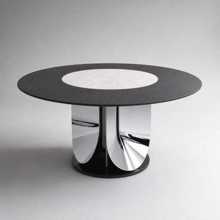 Masă de dining rotundă Eclipse cu blat bicolor și soclu petaliform oglindit – perspectivă alternativă generată