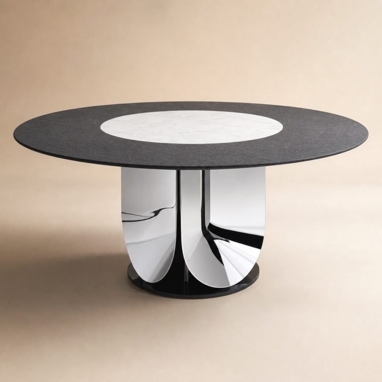 Masă de dining rotundă Eclipse cu blat bicolor și soclu petaliform oglindit – imagine principală generată