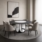 Masă de dining rotundă Eclipse cu blat bicolor și soclu petaliform oglindit – ambient de dining generat
