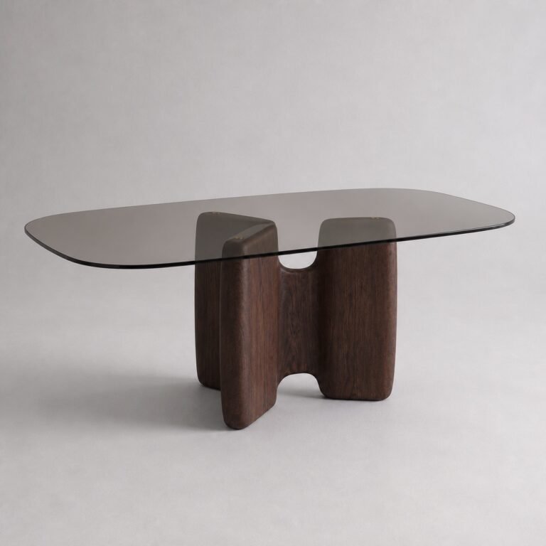 Masă de dining Sinuosa cu blat din sticlă fumurie și soclu sculptural din lemn – perspectivă alternativă generată