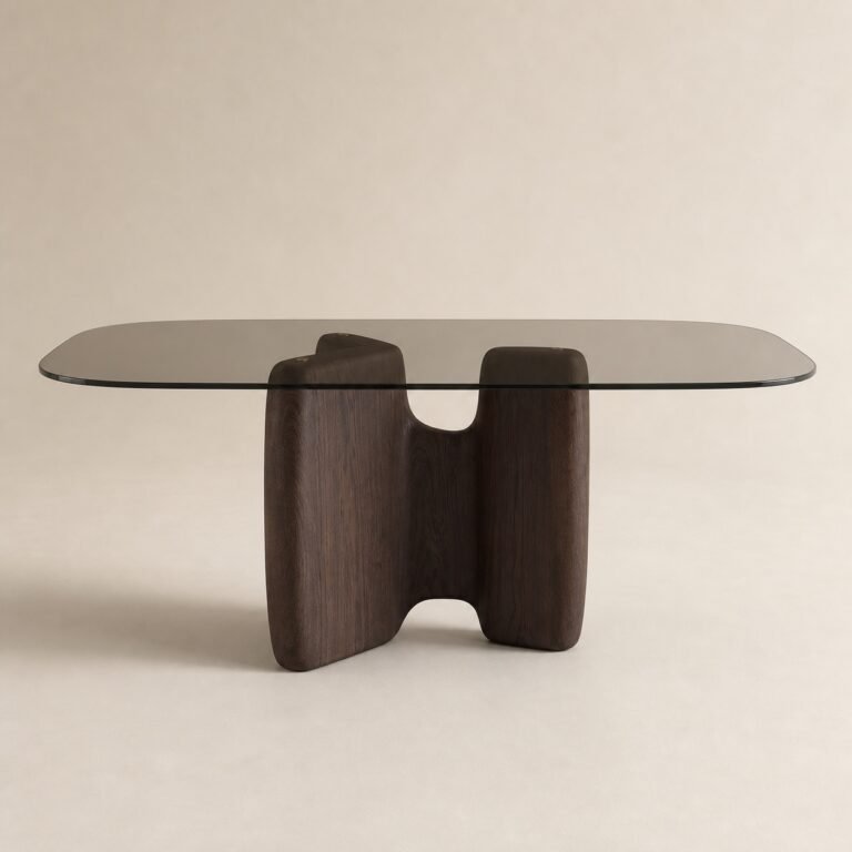 Masă de dining Sinuosa cu blat din sticlă fumurie și soclu sculptural din lemn – imagine principală generată