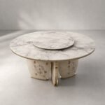 Masă de dining rotundă Botanica cu blat mineral și soclu floral cu detalii aurii – perspectivă alternativă generată