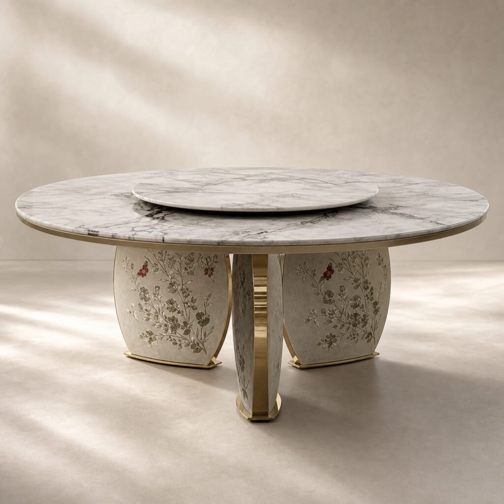 Masă de dining rotundă Botanica cu blat mineral și soclu floral cu detalii aurii – imagine principală generată
