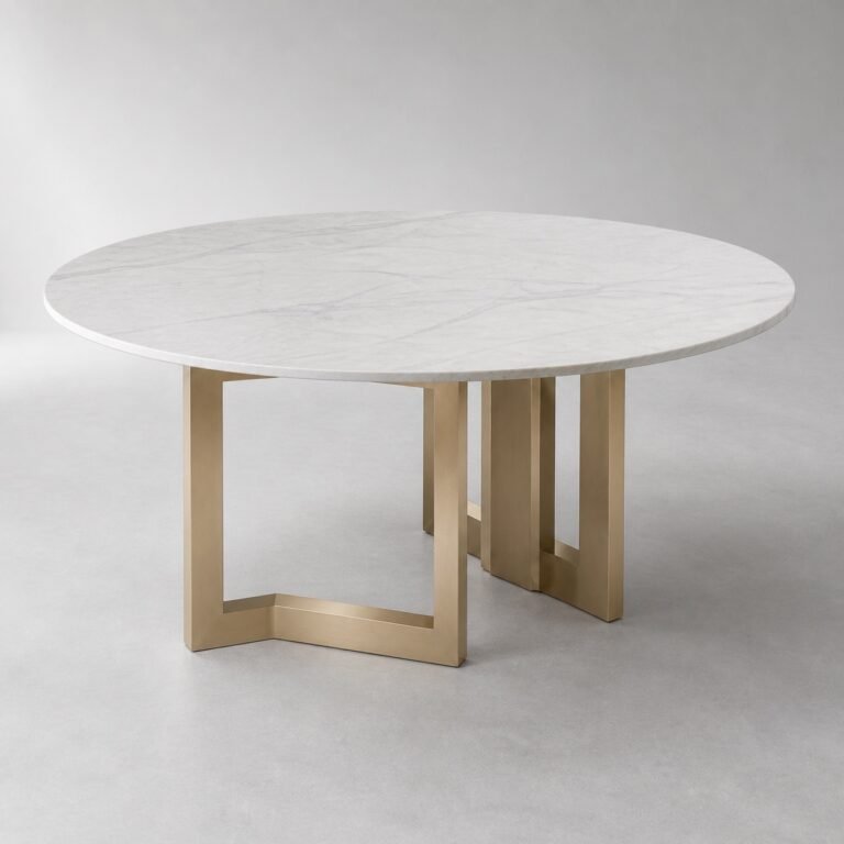 Masă de dining rotundă Quadratura cu blat mineral alb și soclu din rame champagne – perspectivă alternativă generată
