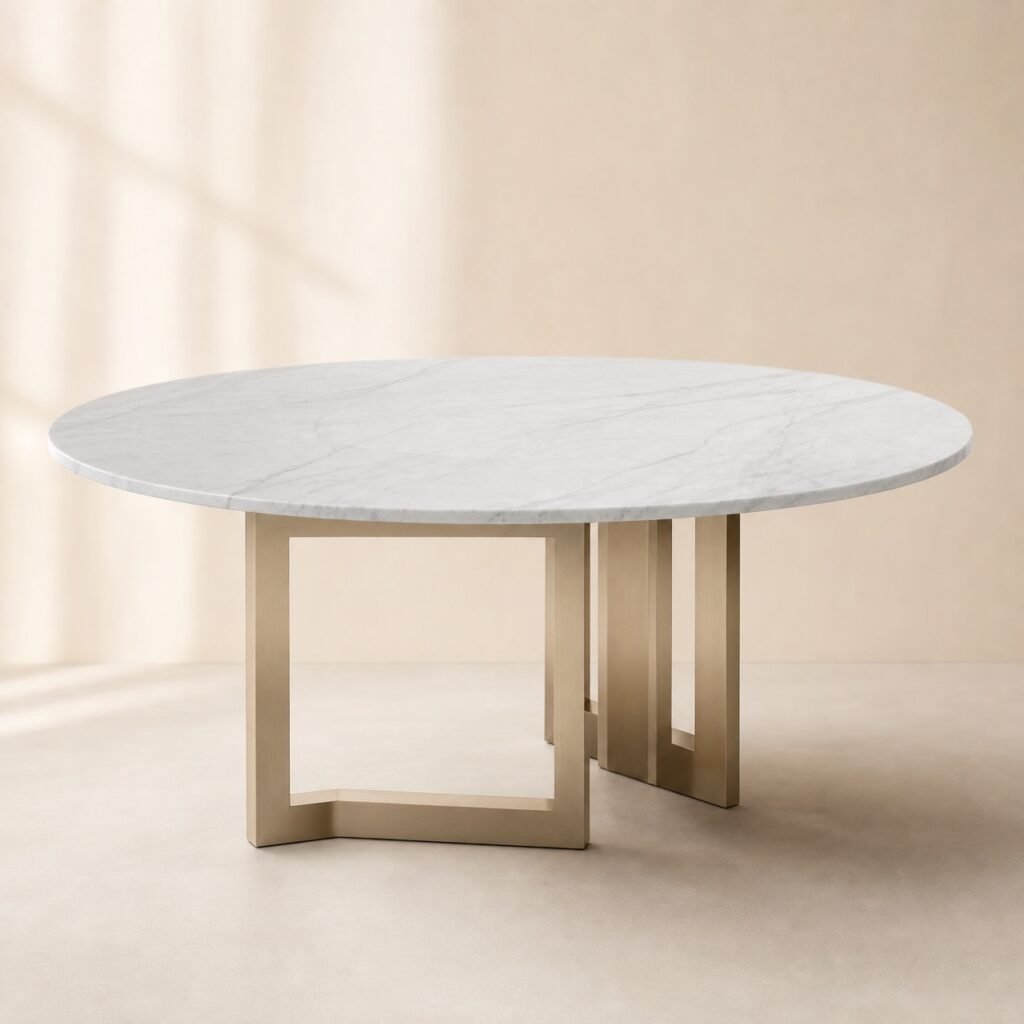 Masă de dining rotundă Quadratura cu blat mineral alb și soclu din rame champagne – imagine principală generată