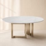 Masă de dining rotundă Quadratura cu blat mineral alb și soclu din rame champagne – imagine principală generată