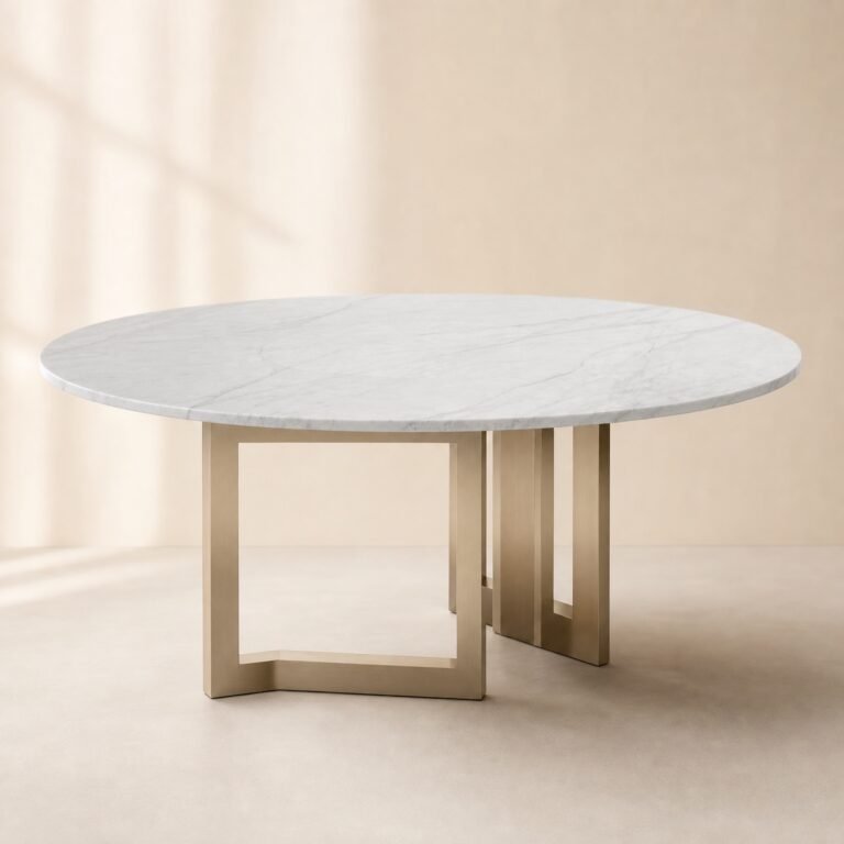 Masă de dining rotundă Quadratura cu blat mineral alb și soclu din rame champagne – imagine principală generată