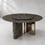 Masă de dining rotundă Regalia cu blat mineral negru și soclu radial bicolor – perspectivă alternativă generată