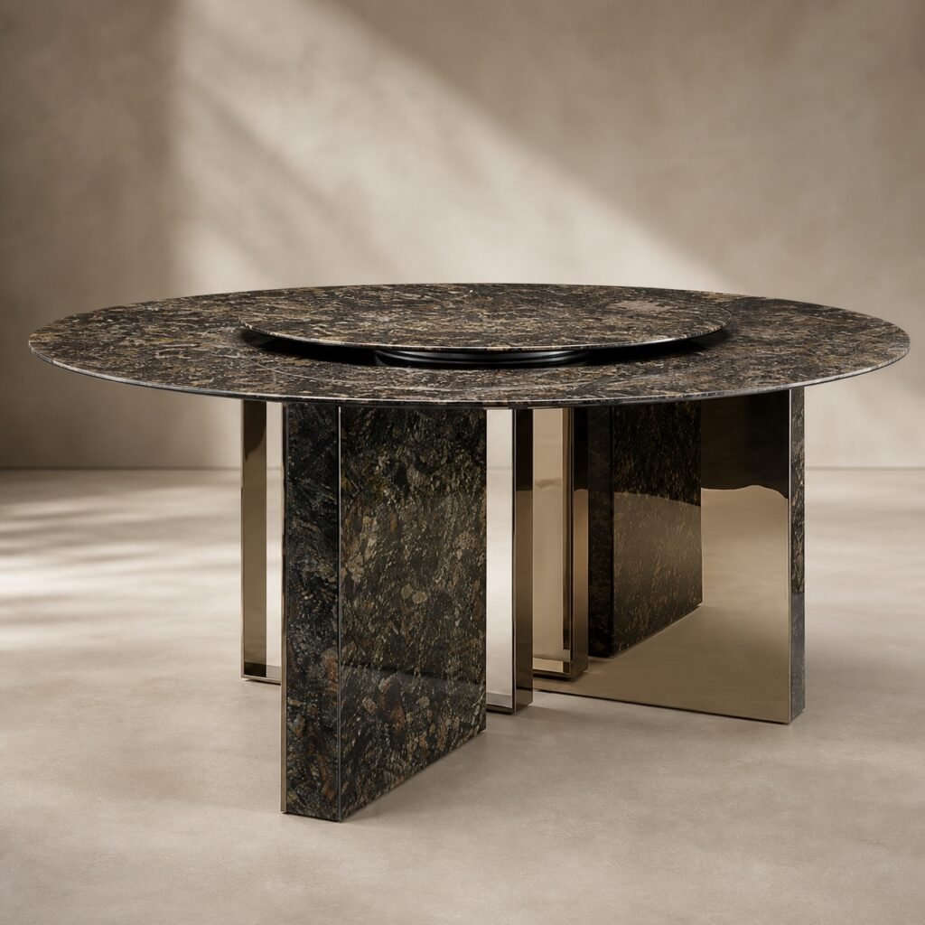 Masă de dining rotundă Regalia cu blat mineral negru și soclu radial bicolor – imagine principală generată