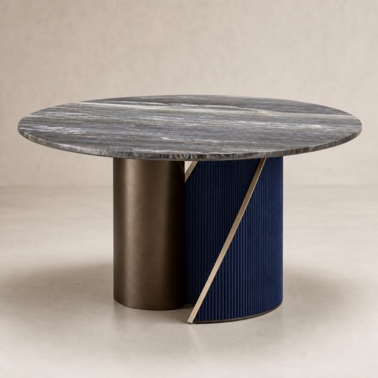 Masă de dining rotundă Indigo cu blat mineral fumuriu și soclu bicolor striat – imagine principală generată