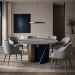 Masă de dining rotundă Indigo cu blat mineral fumuriu și soclu bicolor striat – ambient de dining generat
