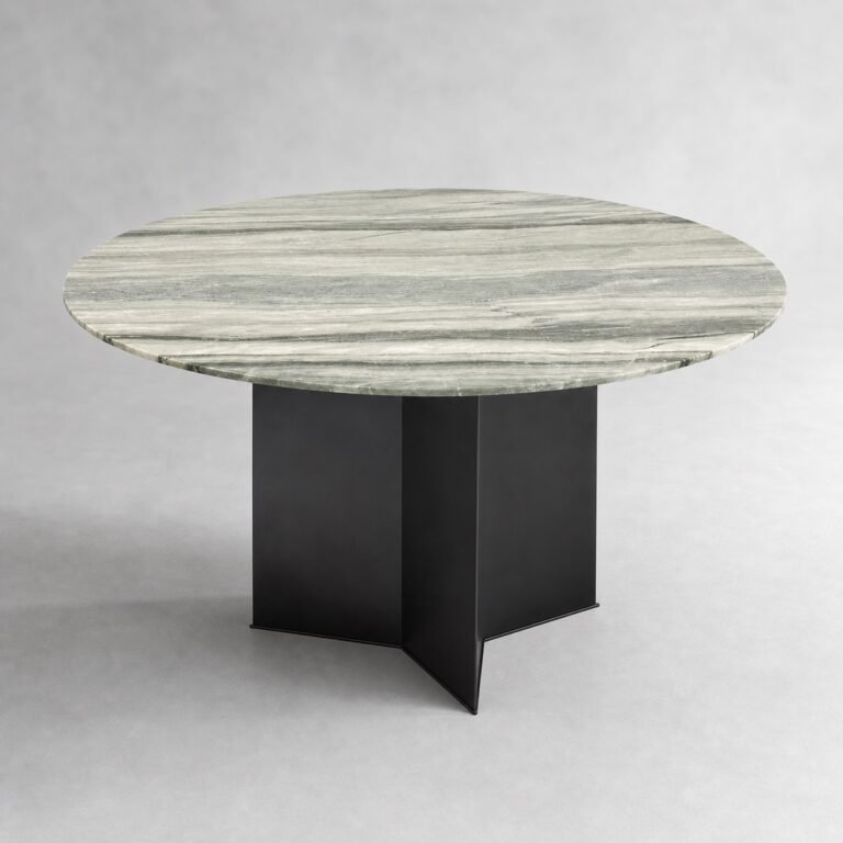 Masă de dining rotundă Celadon cu blat mineral stratificat și soclu negru fațetat – perspectivă alternativă generată