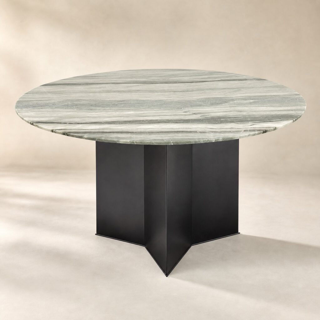 Masă de dining rotundă Celadon cu blat mineral stratificat și soclu negru fațetat – imagine principală generată