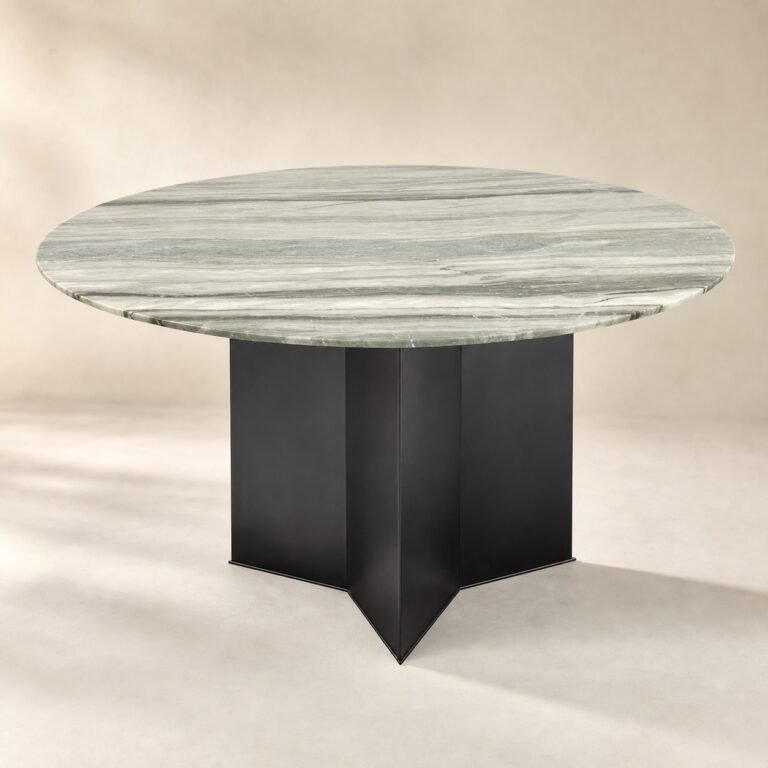 Masă de dining rotundă Celadon cu blat mineral stratificat și soclu negru fațetat – imagine principală generată