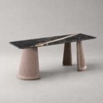 Masă de dining Couture cu blat mineral negru și picioare matlasate – perspectivă alternativă generată