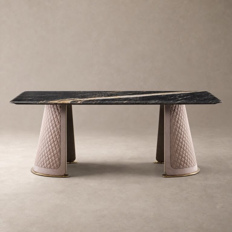 Masă de dining Couture cu blat mineral negru și picioare matlasate – imagine principală generată