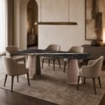 Masă de dining Couture cu blat mineral negru și picioare matlasate – ambient de dining generat