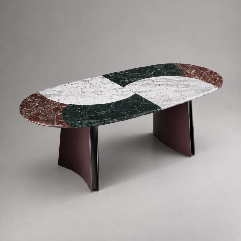 Masă de dining Intarsia cu blat mineral policrom și baze curbate – perspectivă alternativă generată