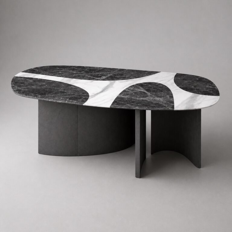 Masă de dining Noctis cu blat mineral grafic și soclu arcuit – perspectivă alternativă generată