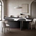 Masă de dining Noctis cu blat mineral grafic și soclu arcuit – ambient de dining generat
