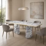 Masă de dining Filigrana cu blat mineral alb și baze canelate – ambient de dining generat