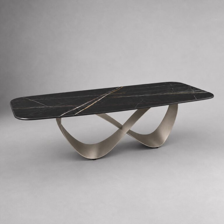 Masă de dining Infinita cu blat mineral negru și soclu din panglici metalice – perspectivă alternativă generată