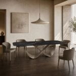 Masă de dining Infinita cu blat mineral negru și soclu din panglici metalice – ambient de dining generat