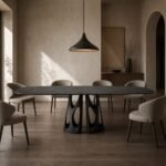 Masă de dining Arboria cu blat antracit și soclu biomorfic decupat – ambient de dining generat