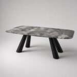 Masă de dining Lithos cu blat mineral gri și picioare oblice – perspectivă alternativă generată