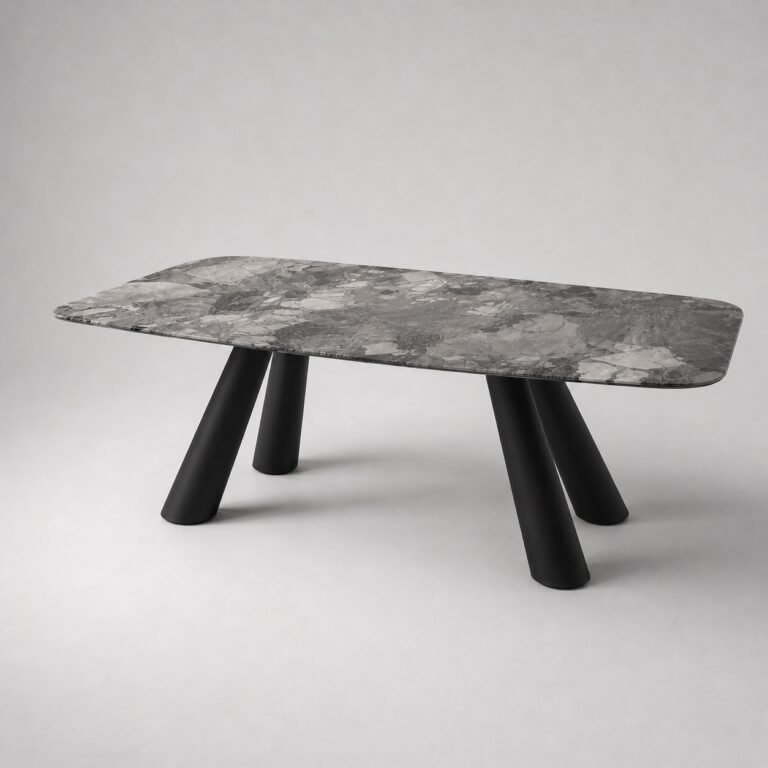 Masă de dining Lithos cu blat mineral gri și picioare oblice – perspectivă alternativă generată